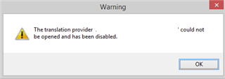 Warning dialog box in Trados Studio showing an error message that the translation provider could not be opened and has been disabled with an OK button.