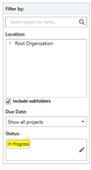 Screenshot of Trados Studio's Open GroupShare Project wizard with the Filter section visible, showing 'In Progress' selected in the Status dropdown menu.