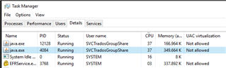 Task Manager details tab showing Java(TM) Platform SE binary processes running under SVC-TradosGroupShare user with high memory usage.