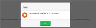 Error message dialog box with a red cross icon saying 'No response received from the server' with an OK button below.