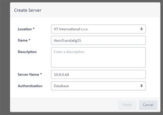 Trados Studio Create Server dialog with fields for Location, Name, Description, Server Name, and Authentication set to Database. Finish button is grayed out.