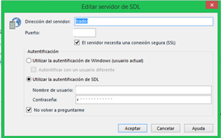 SDL server edit dialog box with fields for server address and port. SSL connection required option is checked. Authentication options are presented with 'Use SDL authentication' selected.