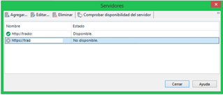 Servers dialog box showing two server entries. The first with 'http' protocol is listed as available. The second with 'https' protocol is listed as not available.