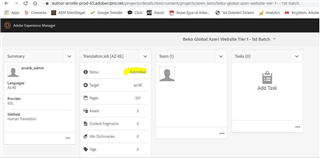 Screenshot of Trados Studio interface showing a summary of a translation job with status 'Submitted', 587 pages, and 2 content fragments.