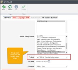Screenshot of Trados Studio's Create Job page with an annotation pointing to the Project drop-down menu and text 'Gina wants Project drop-down like this'.
