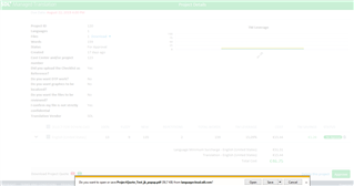 Screenshot of Trados Studio's ManTra Project Details page with options to download job quote as PDF or Excel. Internet Explorer prompt overlay with options to open, save, or cancel the download. The ManTra screen is greyed out in the background indicating inactivity.