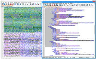 Screenshot of Trados Studio interface showing a side-by-side comparison of source and target text with highlighted segments in a reorganizing tool for sdlxliff files.