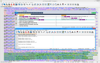 Screenshot of Trados Studio interface showing a segment of text being edited, with various toolbar options and a colorful background indicating different translation statuses.