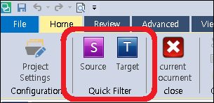 Screenshot of Trados Studio interface showing the Quick Filter feature with Source and Target buttons highlighted within the Home tab.