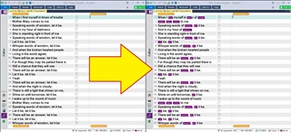 Screenshot showing Trados Studio EditorView with source segments on the left and target segments on the right, before running the makeTag code.