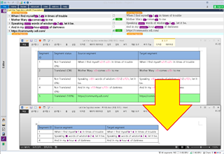 Screenshot of Trados Studio with a MS Word file selected for 'Export for Bilingual Review' showing segments with less than 100% match and tags converted to arrows in a three-column layout.