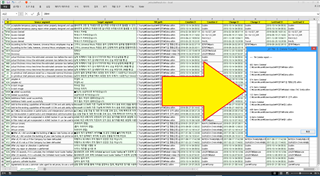 Screenshot of Trados Studio with a warning message box, a yellow arrow pointing towards the message box, and a spreadsheet with multiple rows and columns of data in the background.