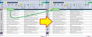 Screenshot showing Trados Studio interface with an arrow indicating the inversion of source and target languages in a translation memory file.