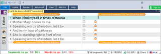 Screenshot of Trados Studio interface with a translation project open, displaying segments to be translated without any visible errors or warnings.