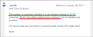 Comment from zorvek, MVP Article Author, stating the number of characters allowed in an Excel cell remains limited to 32,767 and that 64-bit only affects addressing in memory.