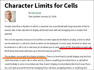 Webpage article titled 'Character Limits for Cells' by Allen Wyatt, discussing Excel cell character limits with highlighted text stating Excel displays only the first 1,024 characters in each cell.