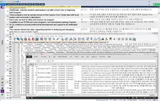 Screenshot of Trados Studio interface showing a sdlxliff file with columns for segment number, percentage, last modified time, lock status, translation status, original text, source segment, target segment, and comments. An AHK code file is visible in one of the comments.