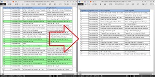 Screenshot of Trados Studio interface showing two columns with text segments. Left column has rows with 100% score and CM highlighted in green and gray. Right column is unhighlighted.