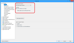 SDL Trados Studio options menu with 'Auto Spell Checker' highlighted, showing 'Check spelling as you type' option enabled.