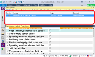 Trados Studio message window showing an error 'Dependency file not found: Let it be.docx' highlighted in red within the project files list.