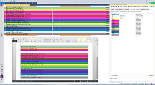 Screenshot of Trados Studio with a project file open, displaying DSI settings and cell background colors. A sample MS Word document is visible in the background.