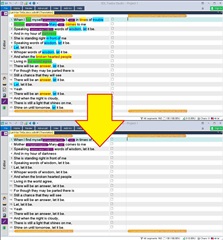 Screenshot of Trados Studio Editor View before running the code, showing multiple highlighted TB items in various colors with an arrow indicating the removal process.