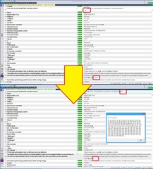 Trados Studio interface showing a comparison of source and target texts with multiple red boxes highlighting errors and a yellow arrow pointing downwards.