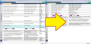 Screenshot of two side-by-side windows in Trados Studio, with the left displaying a .tmx file with fields and the right showing the same file after fields have been removed.