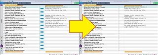 Side-by-side comparison of Trados Studio interface showing the removal of AT statuses from an sdlxliff file, with a yellow arrow indicating the change.