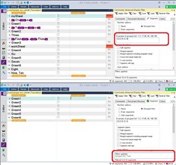 Comparison of Trados Studio project views with and without errors, highlighting the error message in the Advanced Display Filter panel.