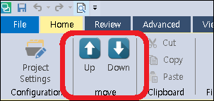 Screenshot of Trados Studio interface showing 'Up' and 'Down' navigation buttons highlighted with a red box, indicating the area of the bug mentioned.