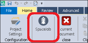 Trados Studio interface showing the Home tab with an icon labeled 'SpaceJob' highlighted in red, indicating a selected feature related to the First Space mission.