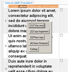 Custom right-click menu in Trados Studio with options like 'Find word', 'Copy fragment', 'Place tag', 'Open Notepad', and 'ExitApp'.