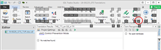 Trados Studio interface with the 'Confirm' button circled in red, indicating the action to confirm a translated segment.