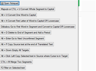 Screenshot of Trados Studio showing a list of keyboard shortcuts with descriptions. Shortcuts include Alt + U for capitalizing one word and Ctrl + M for merging two segments.