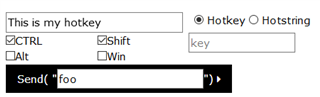 AutoHotkey Generator interface with options selected for creating a hotkey. 'This is my hotkey' label, CTRL and Shift checkboxes checked, and 'Send' command with 'foo' text entered.