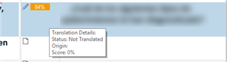 Trados Studio tooltip showing Translation Details with Status: Not Translated, Origin, and Score 0%.