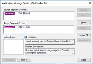 Trados Studio QA Checker 3.0 window showing a warning for unmatched anchor tags in source and target segment content.