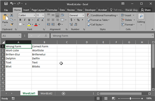 Excel spreadsheet with a Word List showing column A titled 'Wrong Form' and column B titled 'Correct Form' with example word pairs listed.