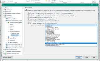 Trados Studio options menu with a list of measurement units displayed, such as KM, CM, MM, and M, with the option to specify spaces between numbers and units.