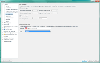 Trados Studio Options dialog box showing Font Adaptation settings with 'Comic Sans MS' selected for English (United States) in the Custom font pairs section.