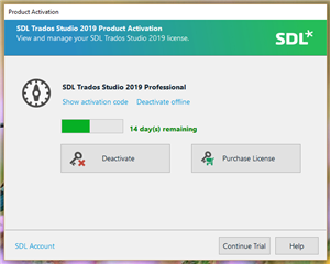 Trados Studio 2019 Product Activation window showing '14 day(s) remaining' with options to 'Deactivate' or 'Purchase License', but no 'Activate' option visible.