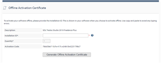 Trados Studio Offline Activation Certificate page with fields for Description, Installation ID, and Activation Code. A button labeled 'Generate Offline Activation Certificate' is present.