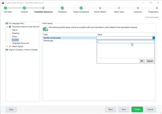 Trados Studio screenshot showing the Translation Resources screen with a focus on the Field Values section under All Language Pairs > Translation Memory > Update. A text box is open for editing.