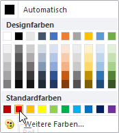 Excel color palette showing the second standard red color selected with a cursor.