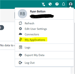 Trados Studio user interface showing a dropdown menu under the user name 'Ryan Betton' with the option 'My Applications' highlighted in yellow.