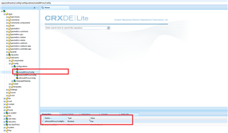 CRXDE Lite interface showing the selection of noAuthProxyConfig with its value set to true in the sdlmantrasdlws directory.