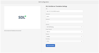 SDL WorldServer Translation settings interface with a 'Test Connection' button visible.