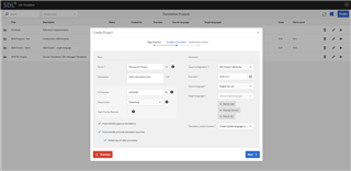 Trados Studio screenshot showing the new project creation interface with fields for Name, Description, Due Date, and options to select multiple AEM pages and custom attributes.