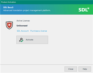 Screenshot of Trados Studio Product Activation window showing an unlicensed status with a red X icon and options for SDL Account and Activate.